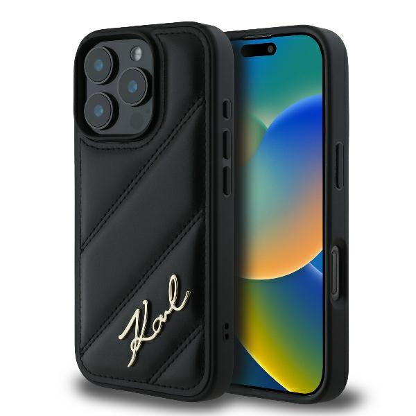 Puzdro pre Apple iPhone 16 Pro Max, Karl Lagerfeld, Diagonal Quilted Script, Čierne