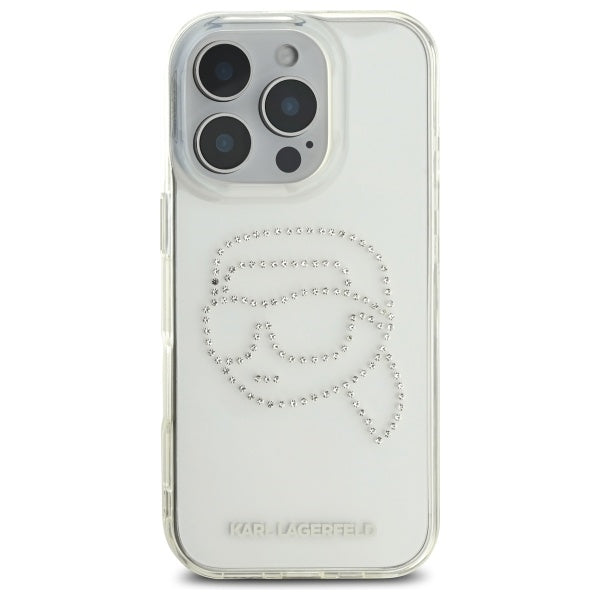 Case for Apple iPhone 16 Pro Max, Karl Lagerfeld, IML Rhinestones Karl's Head, Transparent