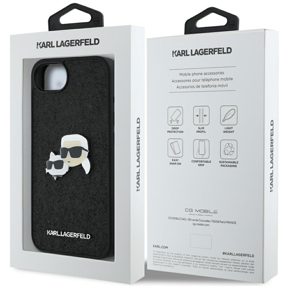 Puzdro pre Apple iPhone 17e / 16e, Karl Lagerfeld, Glitter Fixed Karl & Choupette's Heads, Čierne