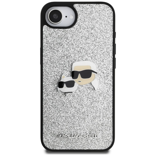 Puzdro pre Apple iPhone 16e, Karl Lagerfeld, Glitter Fixed Karl & Choupette's Heads, Strieborné