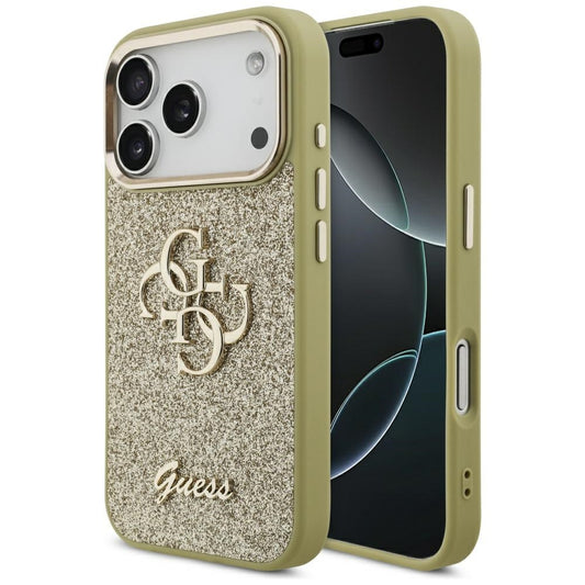 Puzdro pre Apple iPhone 17 Pro, Guess, Fixed Glitter Big 4G Metal Frame, Zlaté