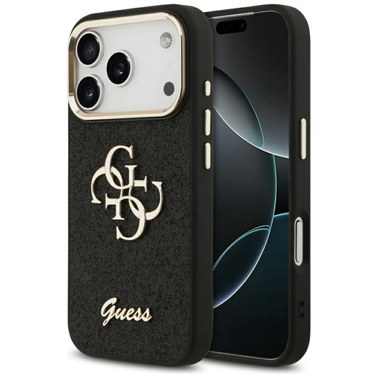 Puzdro pre Apple iPhone 17 Pro, Guess, Fixed Glitter Big 4G Metal Frame, Čierne