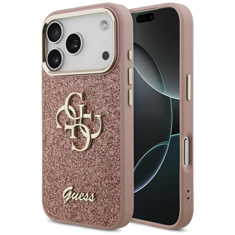 Puzdro pre Apple iPhone 17 Pro, Guess, Fixed Glitter Big 4G Metal Frame, Ružové