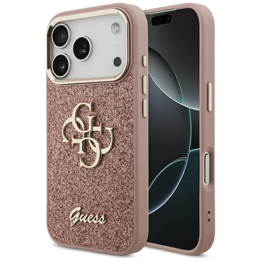 Puzdro pre Apple iPhone 17 Pro, Guess, Fixed Glitter Big 4G Metal Frame, Ružové