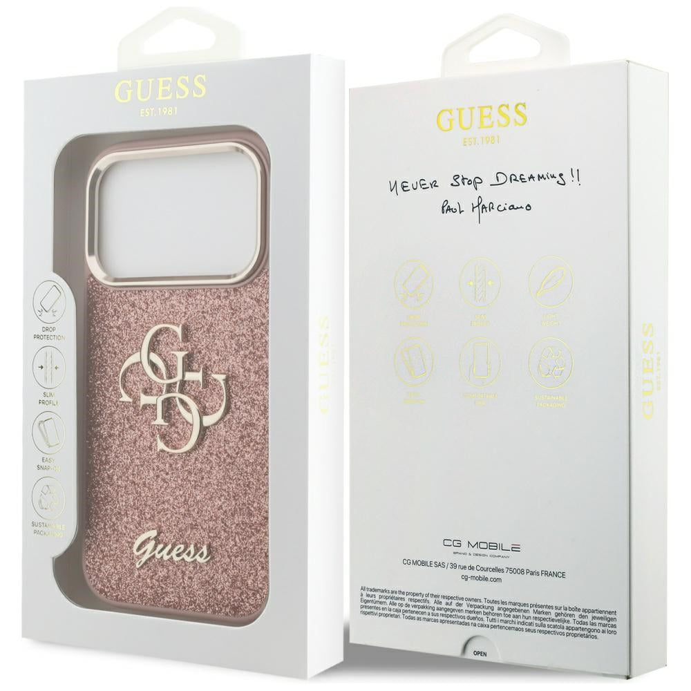 Puzdro pre Apple iPhone 17 Pro, Guess, Fixed Glitter Big 4G Metal Frame, Ružové