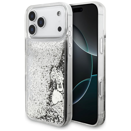 Puzdro pre Apple iPhone 17 Pro, Guess, Liquid Glitter Charms, Strieborné