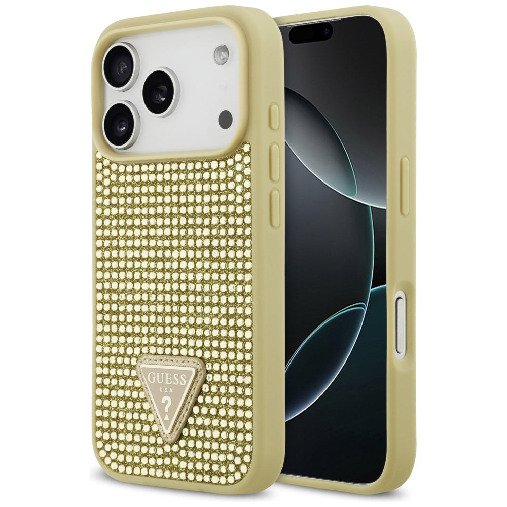Puzdro pre Apple iPhone 17 Pro, Guess, Rhinestone Triangle Logo, Zlaté