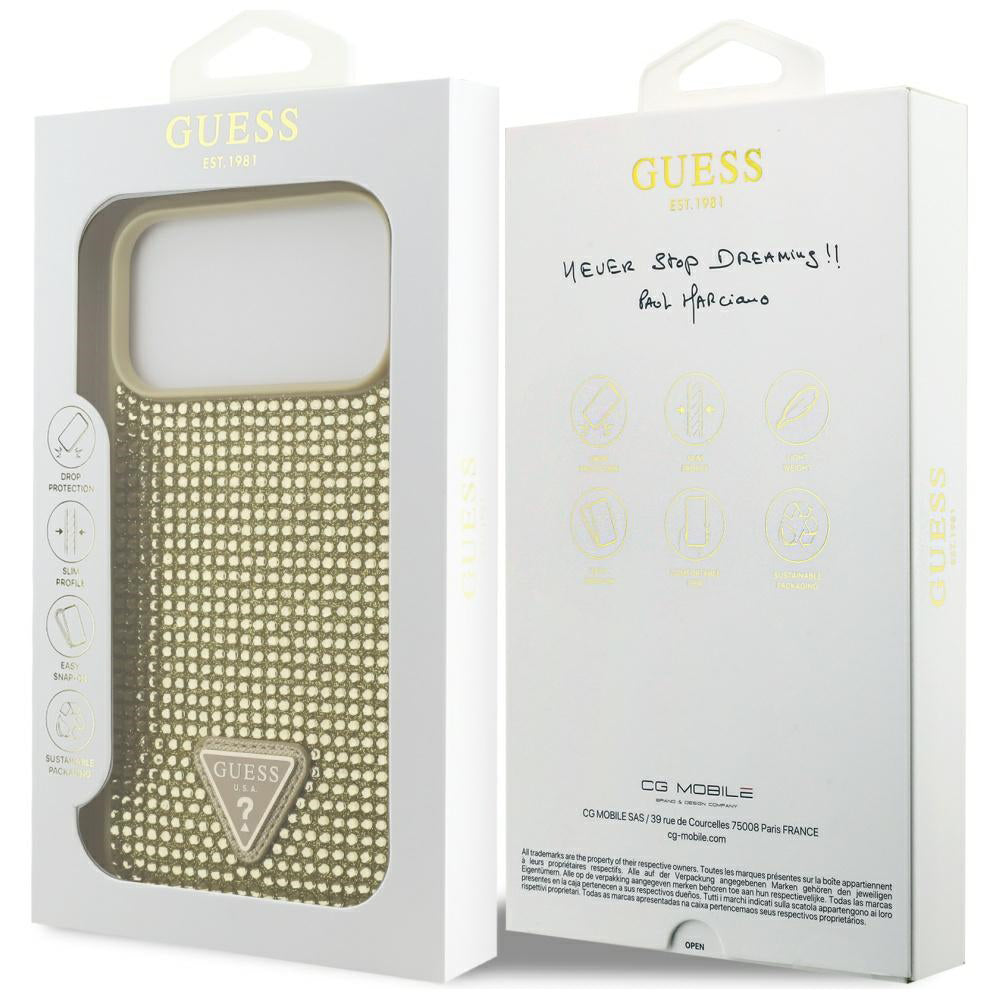Puzdro pre Apple iPhone 17 Pro, Guess, Rhinestone Triangle Logo, Zlaté
