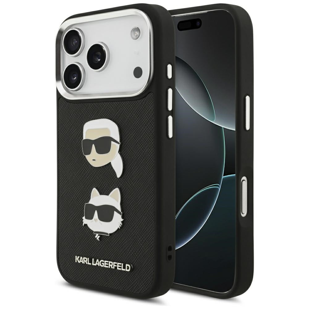 Puzdro pre Apple iPhone 17 Pro, Karl Lagerfeld, Grained Karl & Choupette's Heads Pins and Logo, Čierne