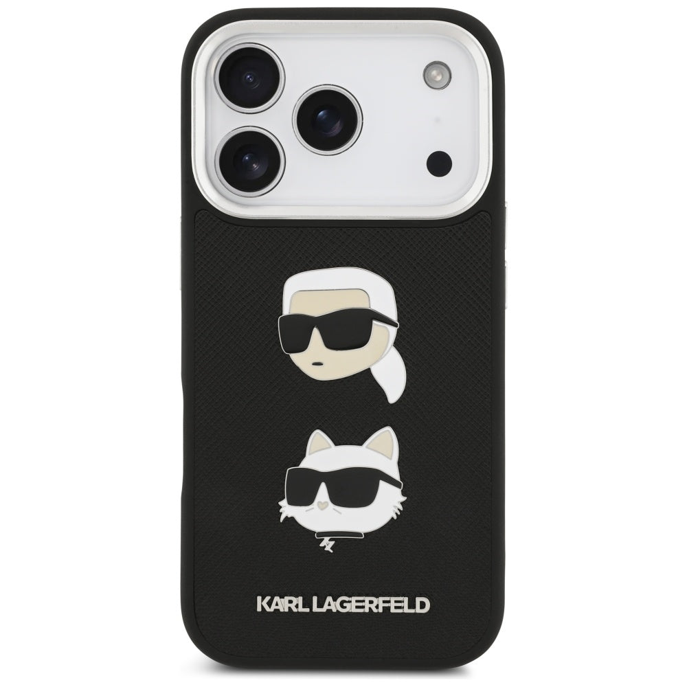 Puzdro pre Apple iPhone 17 Pro, Karl Lagerfeld, Grained Karl & Choupette's Heads Pins and Logo, Čierne