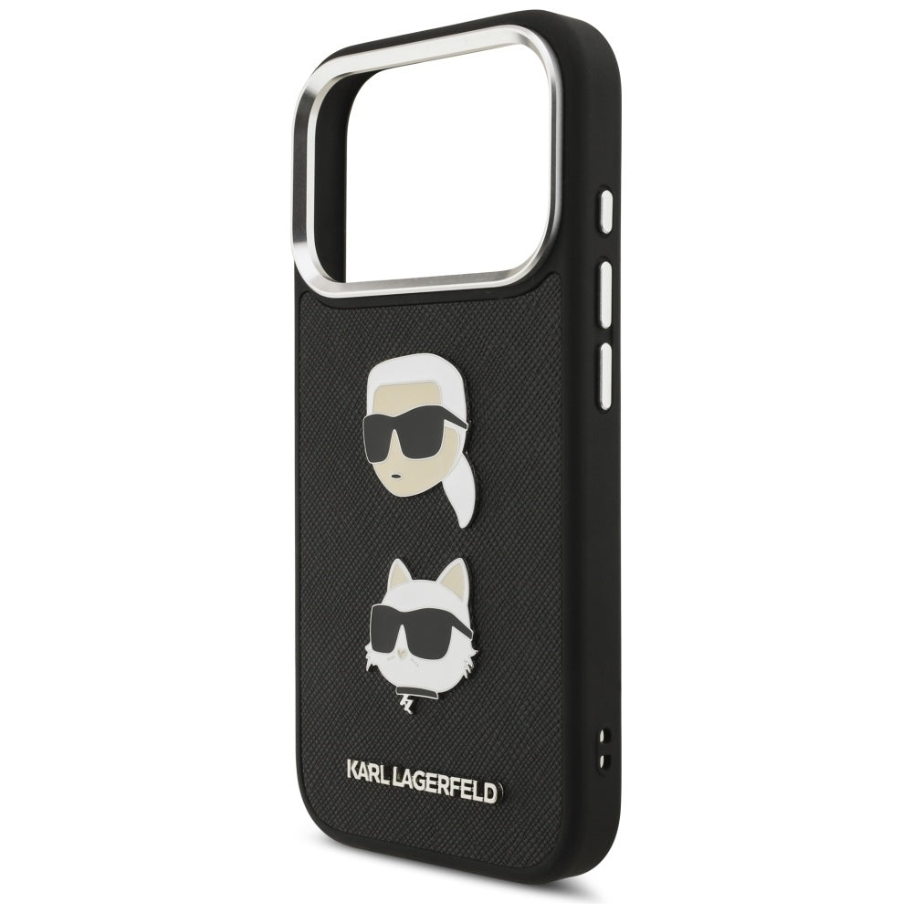 Puzdro pre Apple iPhone 17 Pro, Karl Lagerfeld, Grained Karl & Choupette's Heads Pins and Logo, Čierne