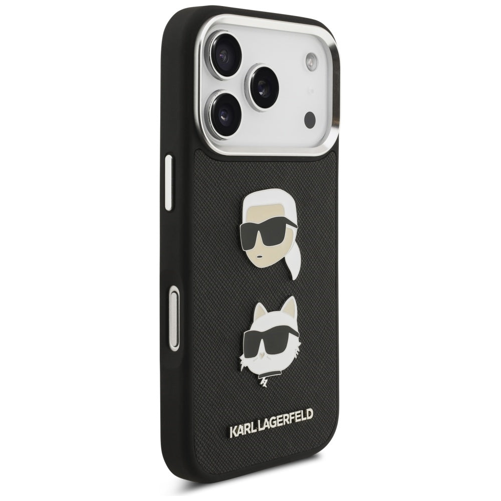 Puzdro pre Apple iPhone 17 Pro, Karl Lagerfeld, Grained Karl & Choupette's Heads Pins and Logo, Čierne