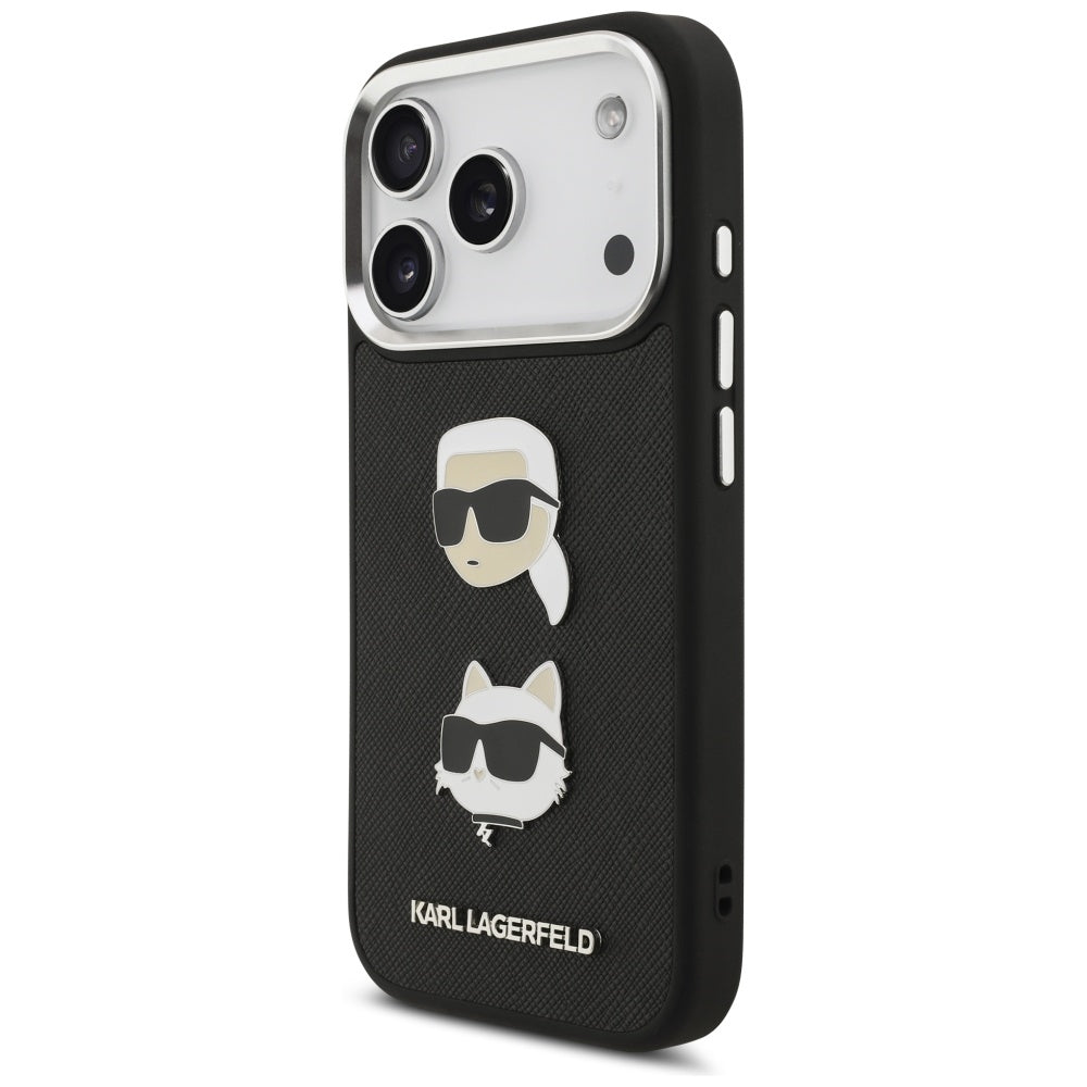 Puzdro pre Apple iPhone 17 Pro, Karl Lagerfeld, Grained Karl & Choupette's Heads Pins and Logo, Čierne