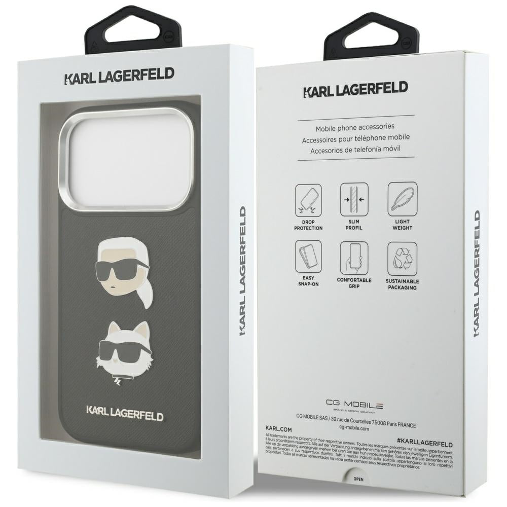Puzdro pre Apple iPhone 17 Pro, Karl Lagerfeld, Grained Karl & Choupette's Heads Pins and Logo, Čierne