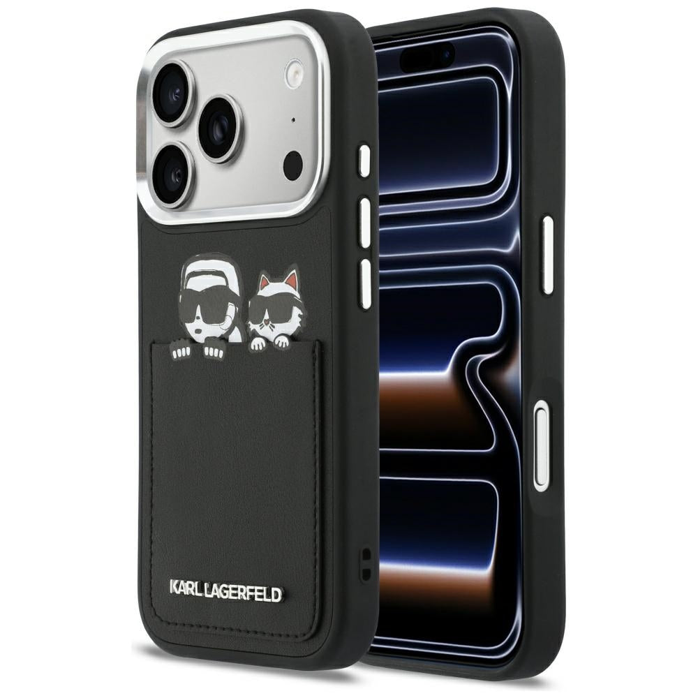 Puzdro pre Apple iPhone 17 Pro, Karl Lagerfeld, Karl & Choupette Print with Pocket, Čierne