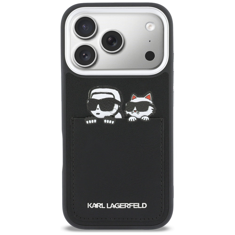 Puzdro pre Apple iPhone 17 Pro, Karl Lagerfeld, Karl & Choupette Print with Pocket, Čierne