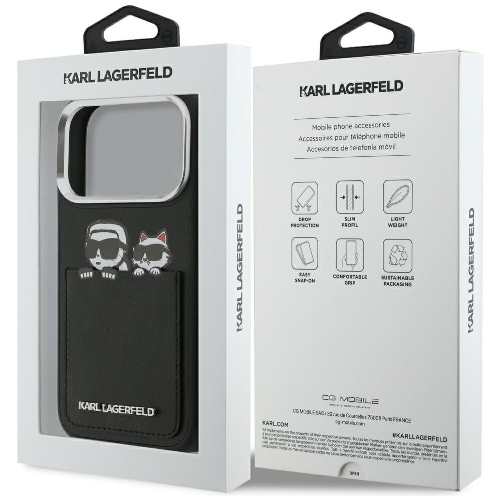 Puzdro pre Apple iPhone 17 Pro, Karl Lagerfeld, Karl & Choupette Print with Pocket, Čierne