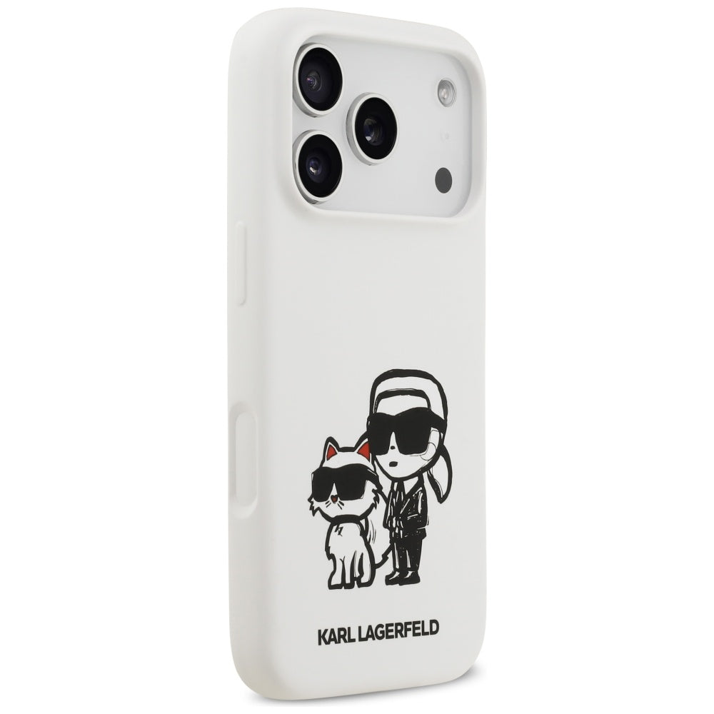Puzdro pre Apple iPhone 17 Pro, Karl Lagerfeld, Sketch and Logo Karl & Choupette, Biela