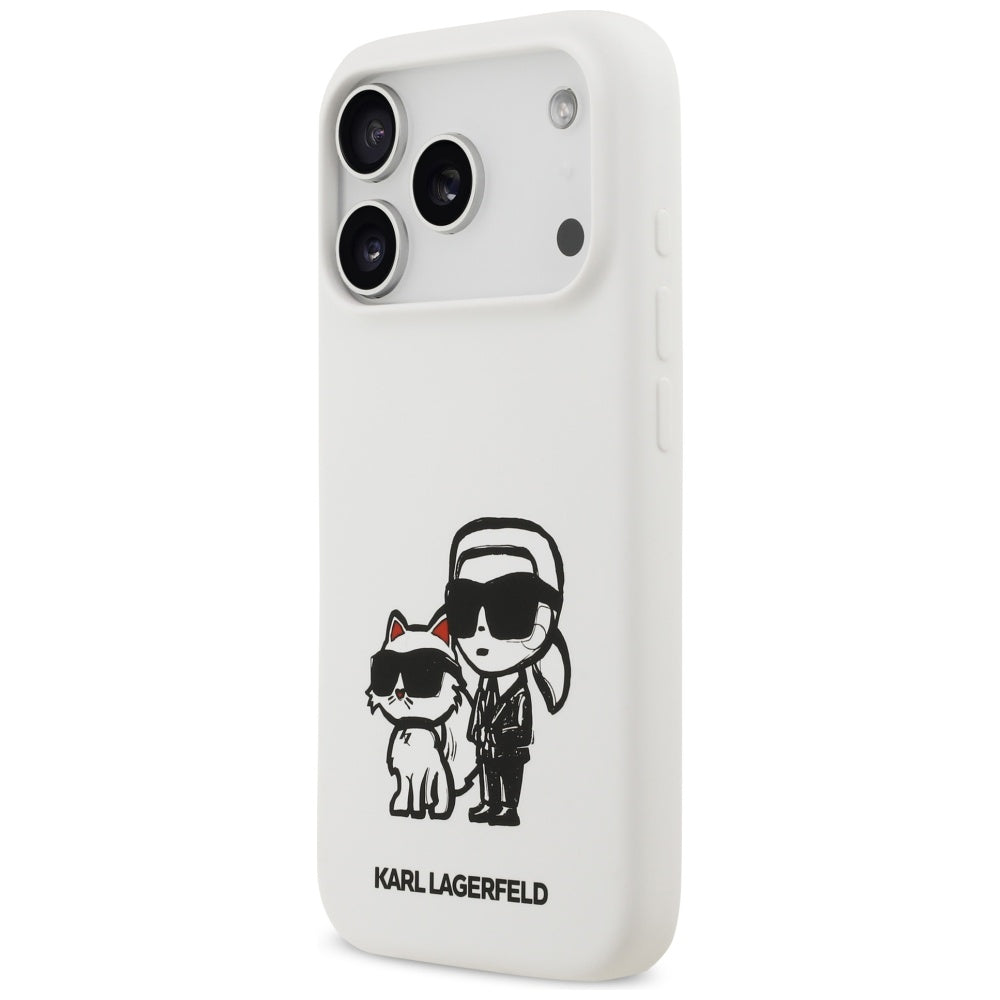 Puzdro pre Apple iPhone 17 Pro, Karl Lagerfeld, Sketch and Logo Karl & Choupette, Biela