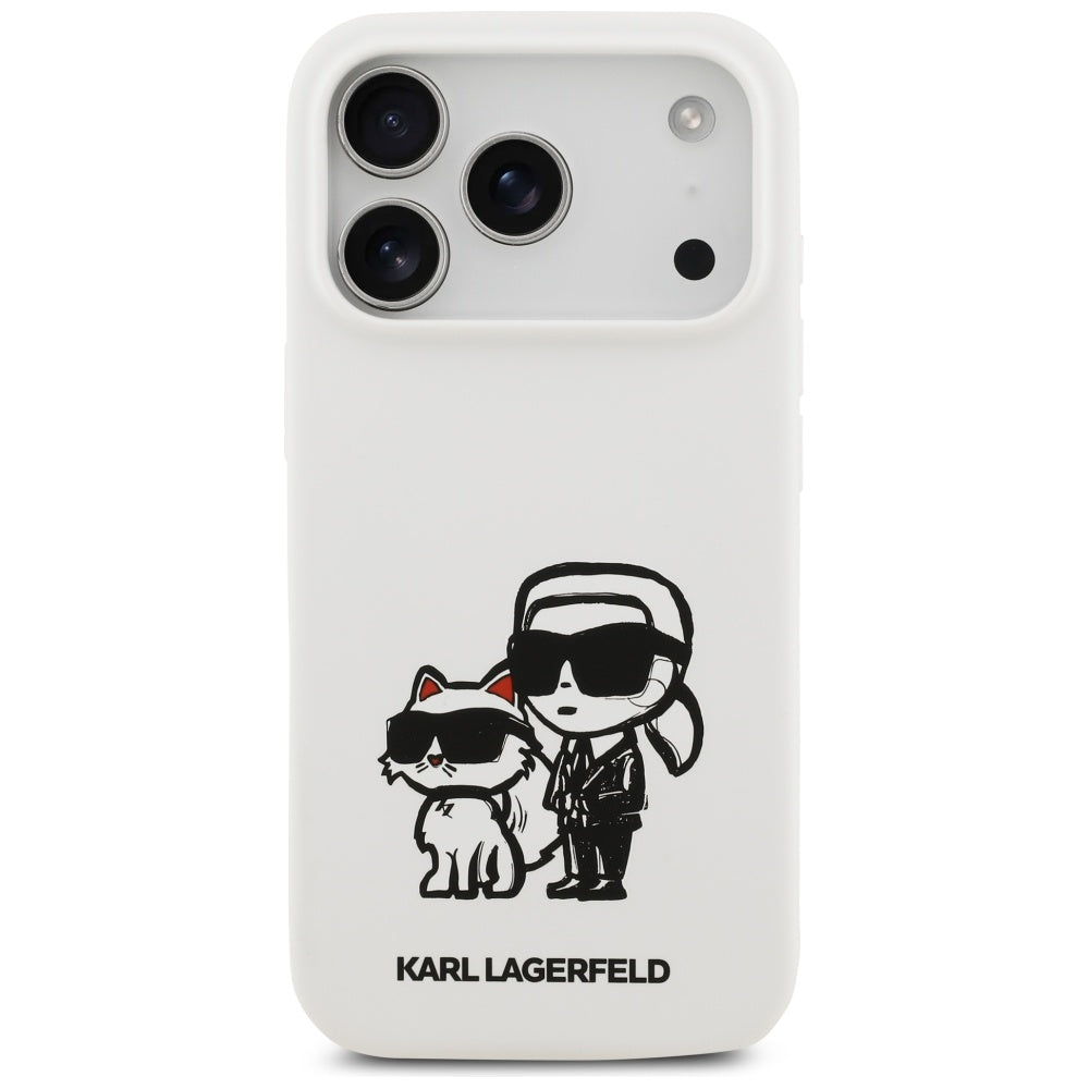 Puzdro pre Apple iPhone 17 Pro, Karl Lagerfeld, Sketch and Logo Karl & Choupette, Biela