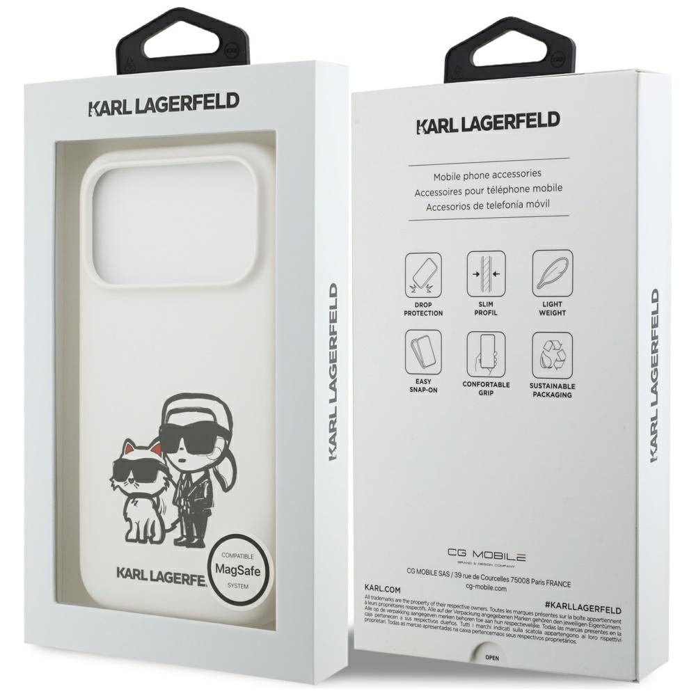 Puzdro pre Apple iPhone 17 Pro, Karl Lagerfeld, Sketch and Logo Karl & Choupette, Biela