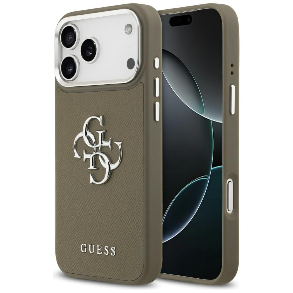 Puzdro pre Apple iPhone 17 Pro Max, Guess, 4G Grained Big And Classic Logo, Hnedé Strieborné