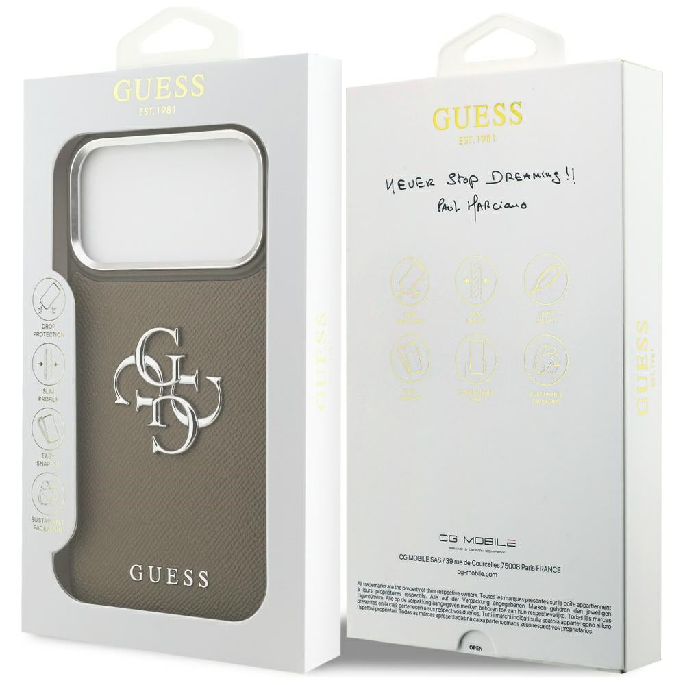 Puzdro pre Apple iPhone 17 Pro Max, Guess, 4G Grained Big And Classic Logo, Hnedé Strieborné
