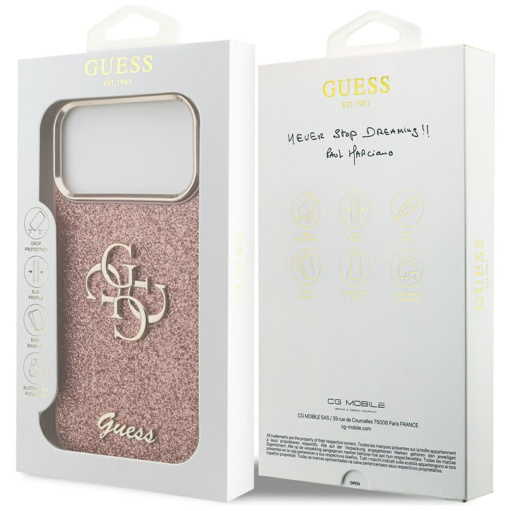 Puzdro pre Apple iPhone 17 Pro Max, Guess, Fixed Glitter Big 4G Metal Frame, Ružové