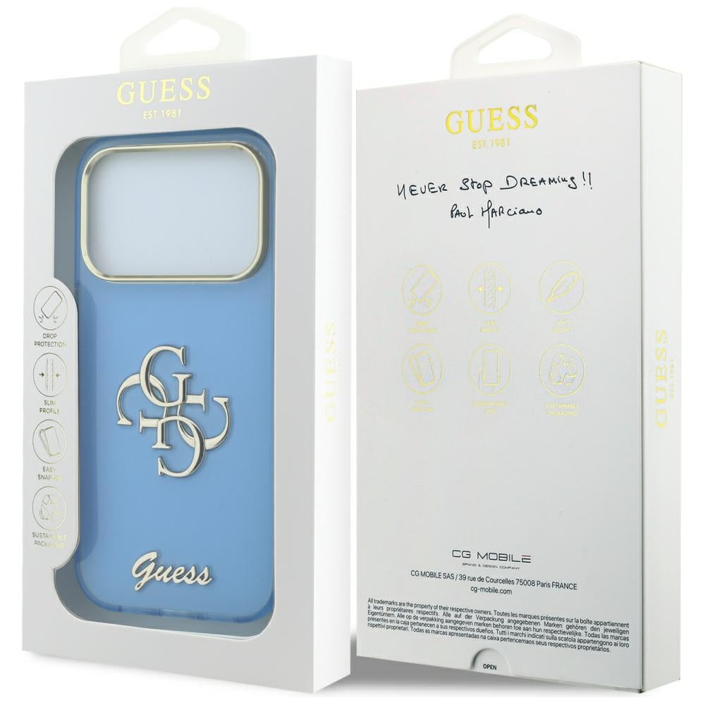 Puzdro pre Apple iPhone 18 Pro / 17 Pro, Guess, IML 4G Metal Script, Modrá