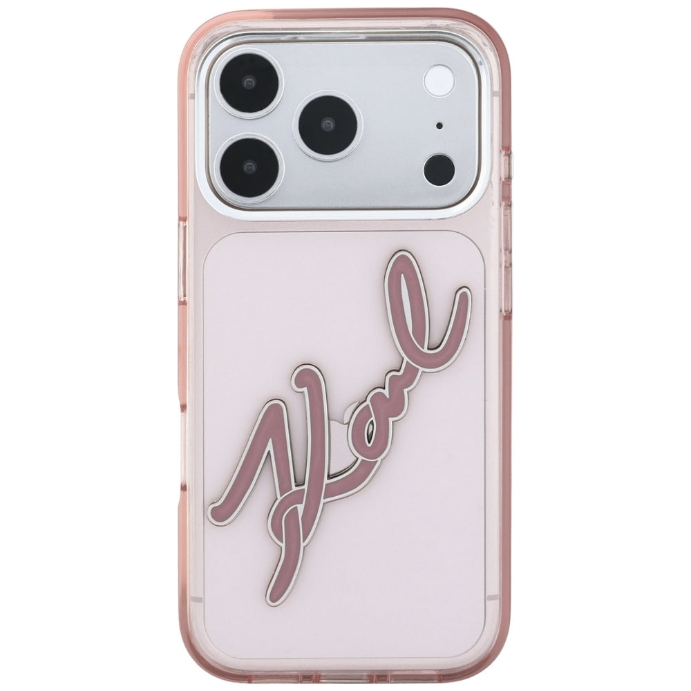 Puzdro pre Apple iPhone 18 Pro / 17 Pro, Karl Lagerfeld, IML veľké podpisové logo z živice a kovový rám, ružové