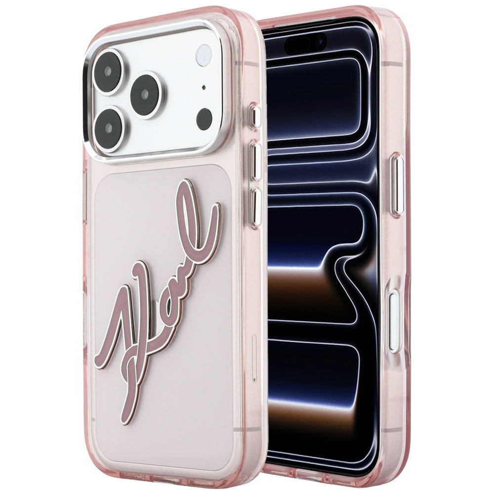Puzdro pre Apple iPhone 18 Pro / 17 Pro, Karl Lagerfeld, IML veľké podpisové logo z živice a kovový rám, ružové