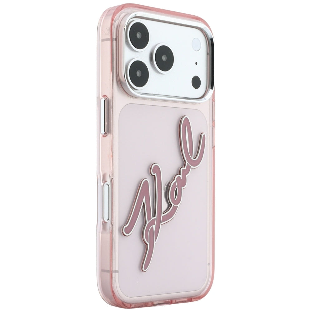 Puzdro pre Apple iPhone 18 Pro / 17 Pro, Karl Lagerfeld, IML veľké podpisové logo z živice a kovový rám, ružové
