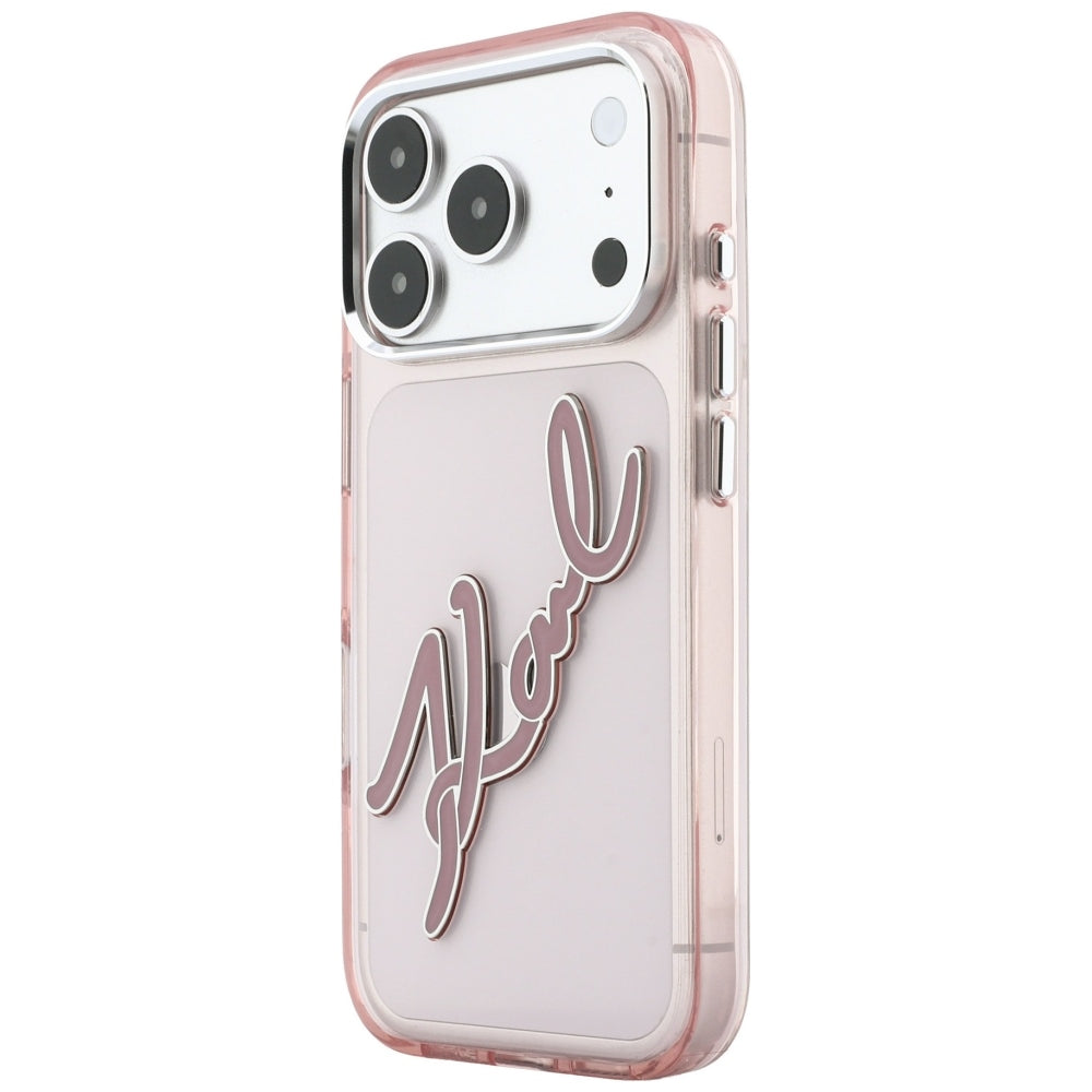 Puzdro pre Apple iPhone 18 Pro / 17 Pro, Karl Lagerfeld, IML veľké podpisové logo z živice a kovový rám, ružové