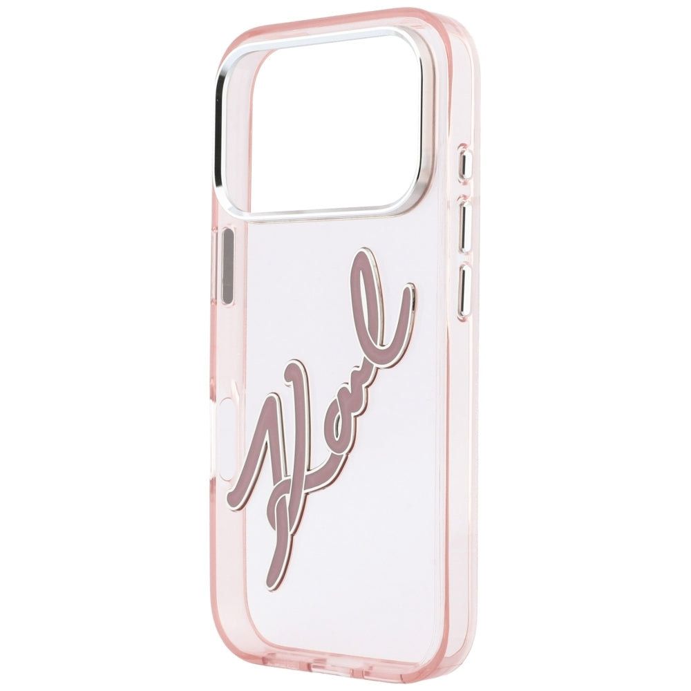 Puzdro pre Apple iPhone 18 Pro / 17 Pro, Karl Lagerfeld, IML veľké podpisové logo z živice a kovový rám, ružové