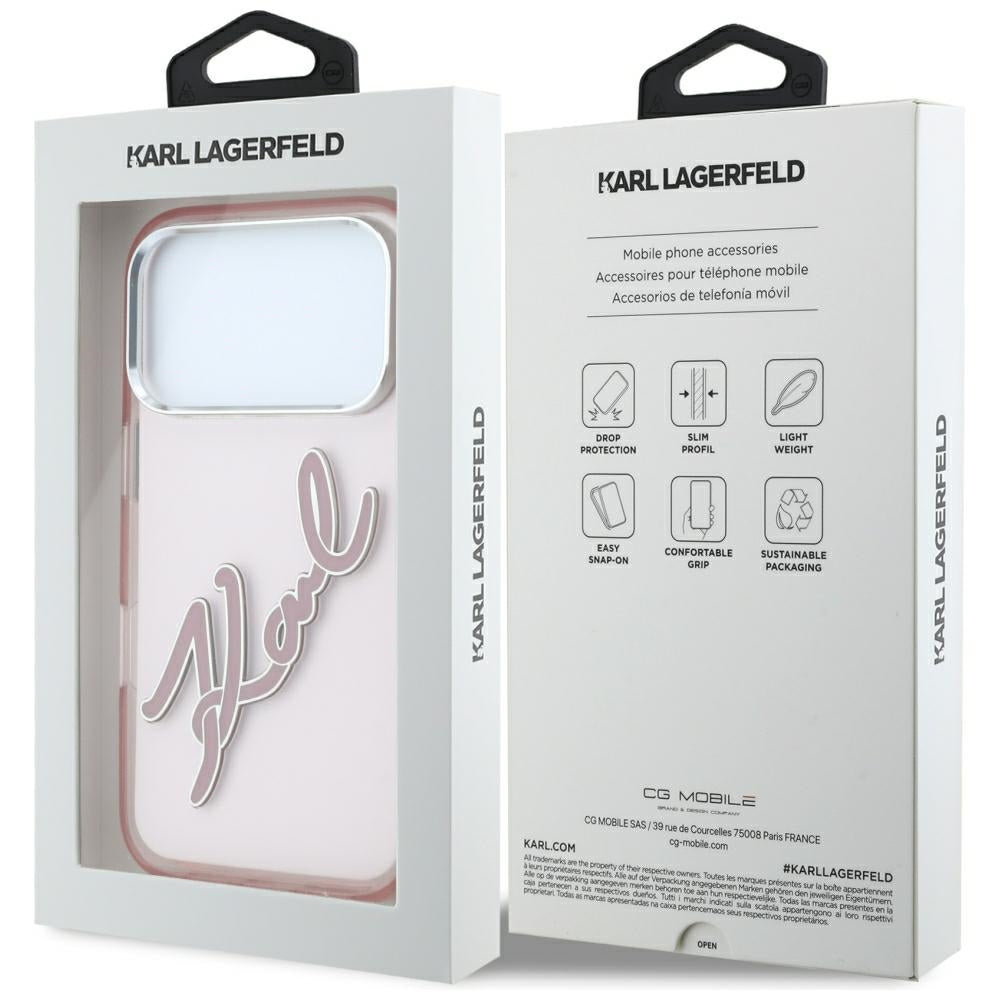 Puzdro pre Apple iPhone 18 Pro / 17 Pro, Karl Lagerfeld, IML veľké podpisové logo z živice a kovový rám, ružové