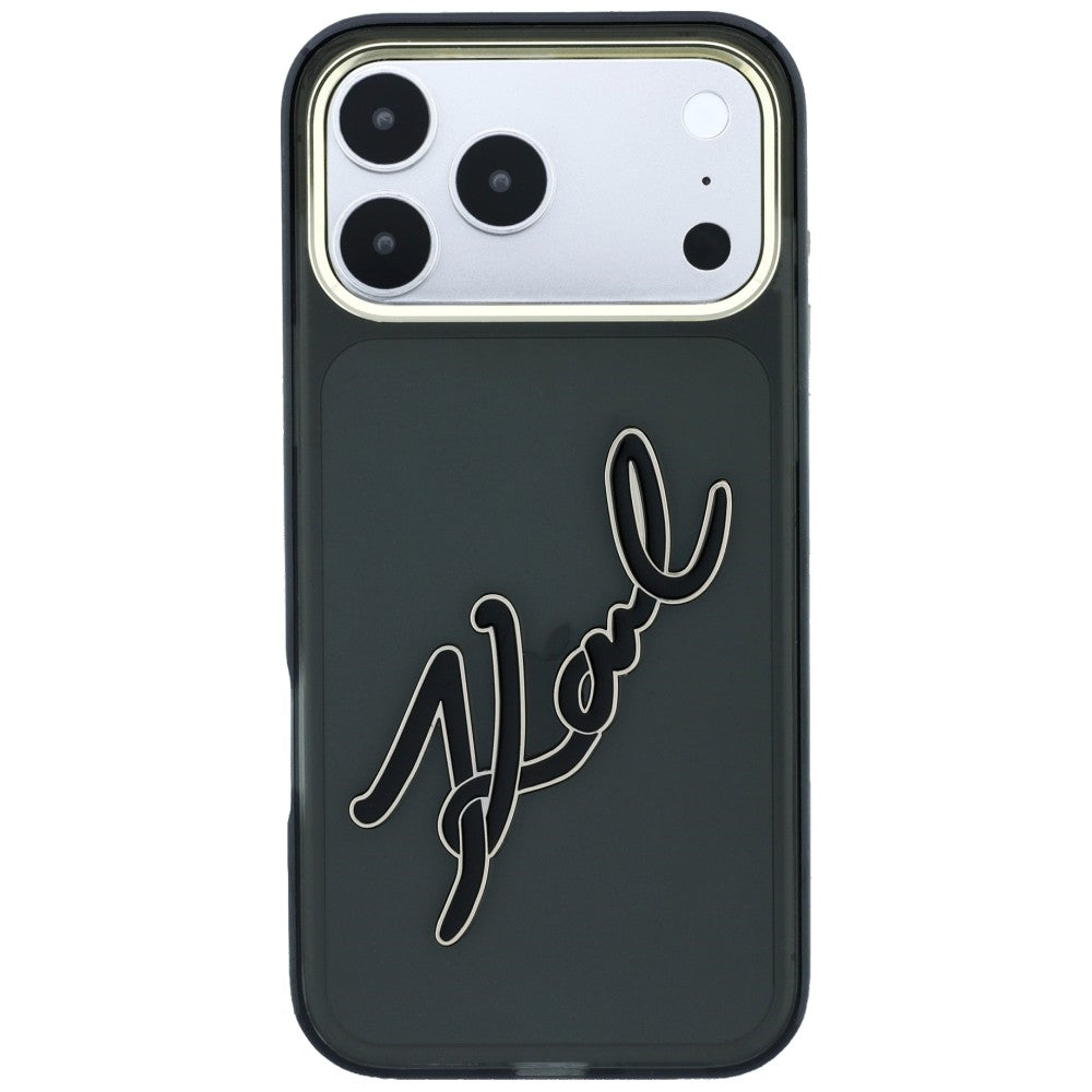 Puzdro pre Apple iPhone 18 Pro / 17 Pro, Karl Lagerfeld, IML Veľké podpisové logo z živice a kovový rám, čierne
