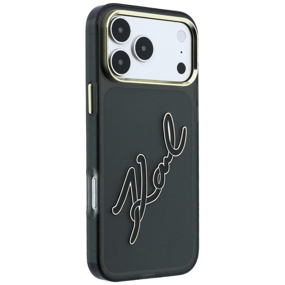 Puzdro pre Apple iPhone 18 Pro / 17 Pro, Karl Lagerfeld, IML Veľké podpisové logo z živice a kovový rám, čierne