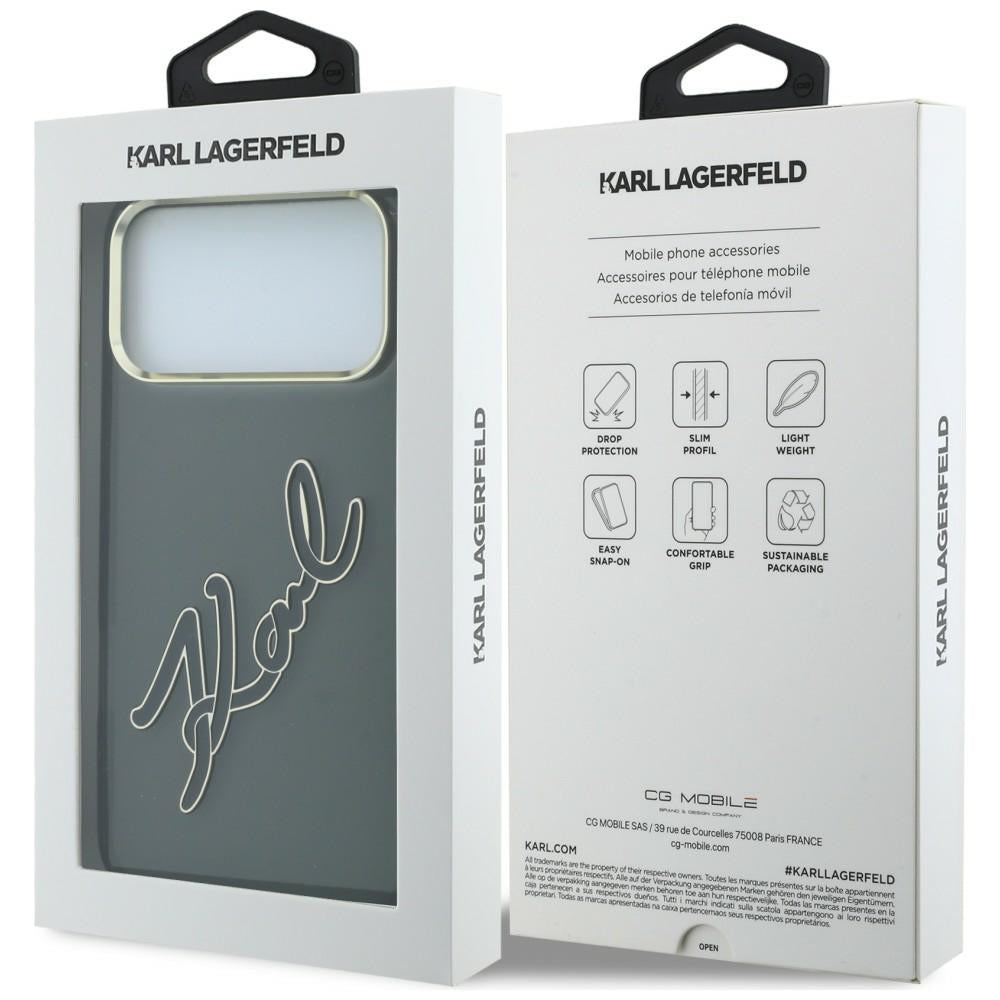 Puzdro pre Apple iPhone 18 Pro / 17 Pro, Karl Lagerfeld, IML Veľké podpisové logo z živice a kovový rám, čierne