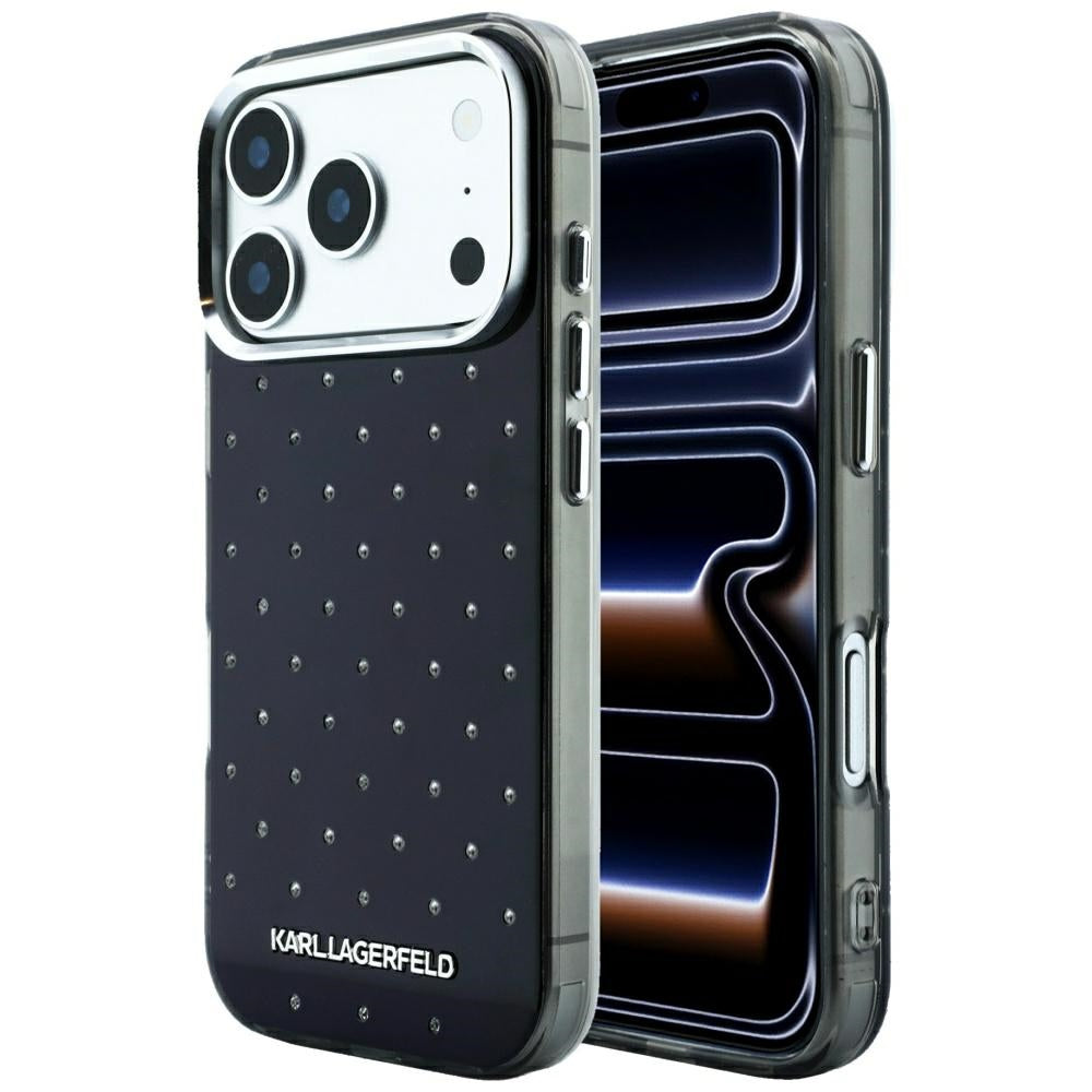 Puzdro pre Apple iPhone 18 Pro / 17 Pro, Karl Lagerfeld, IML kryštály a elektrolyticky pokovené logo, čierne