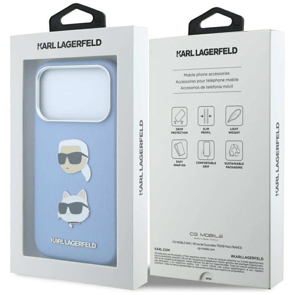 Puzdro na Apple iPhone 18 Pro / 17 Pro, Karl Lagerfeld, Saffiano s odznakom s hlavami Karla a Choupette a logom, modré