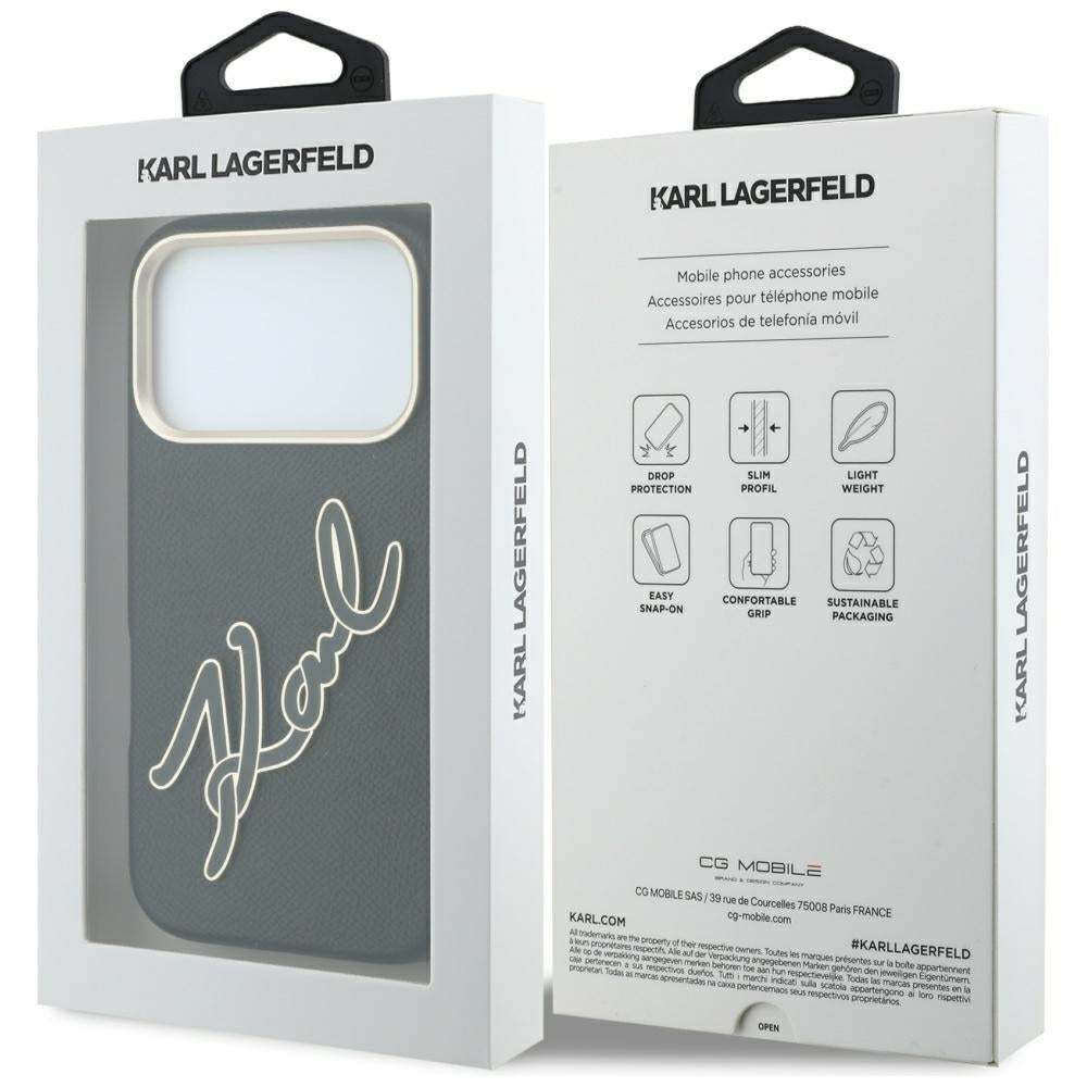 Puzdro pre Apple iPhone 18 Pro / 17 Pro, Karl Lagerfeld, hladké veľké živicové podpisové logo, čierne