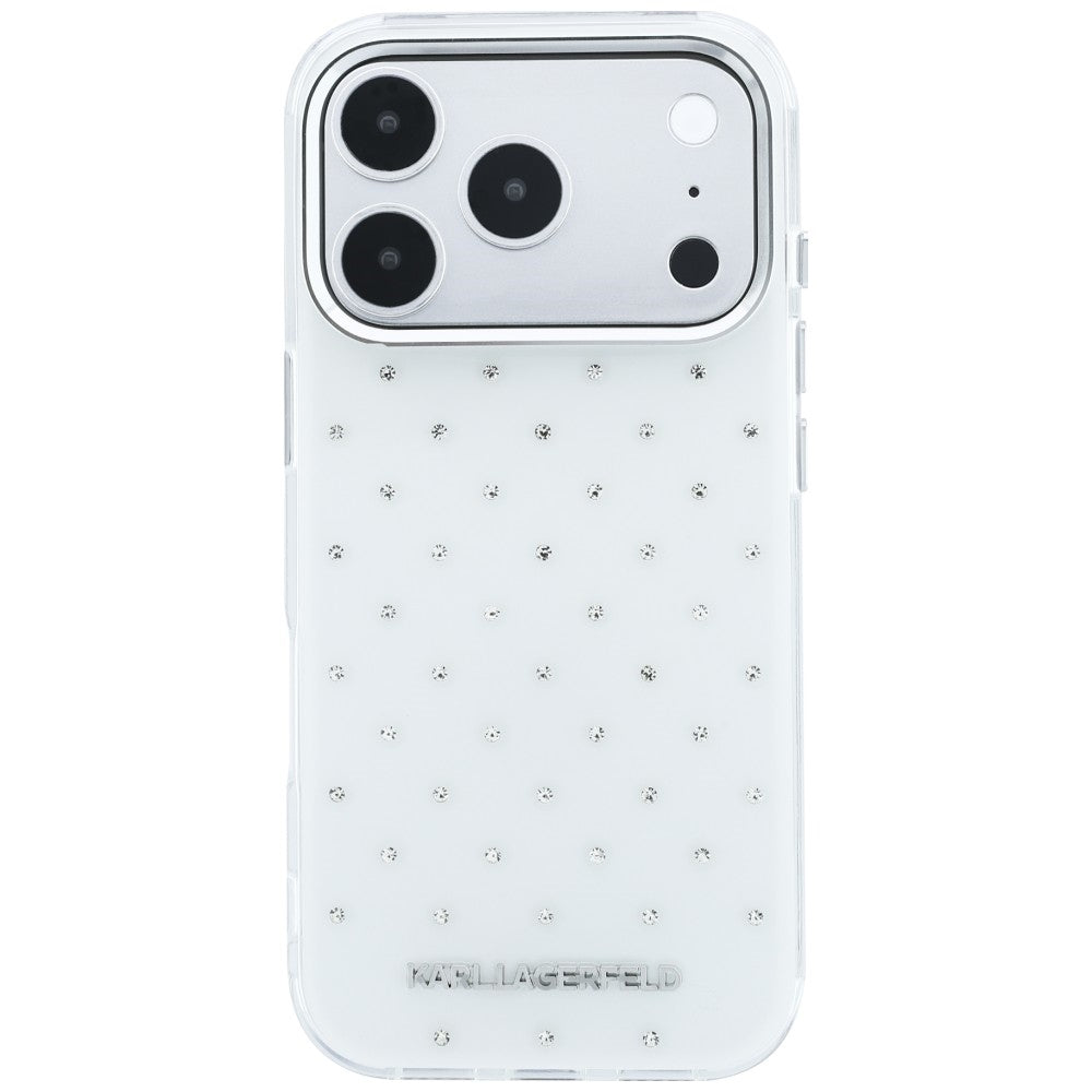 Puzdro pre Apple iPhone 18 Pro Max / 17 Pro Max, Karl Lagerfeld, IML kryštáliky a elektrolyticky pokovené logo, biele