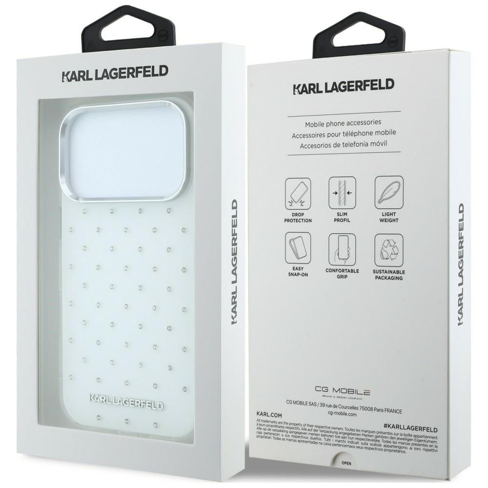 Puzdro pre Apple iPhone 18 Pro Max / 17 Pro Max, Karl Lagerfeld, IML kryštáliky a elektrolyticky pokovené logo, biele