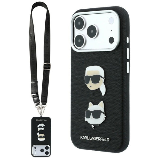 Puzdro na Apple iPhone 18 Pro Max / 17 Pro Max, Karl Lagerfeld, Saffiano Crossbody Karl & Choupette Head's Pins Logo, čierne
