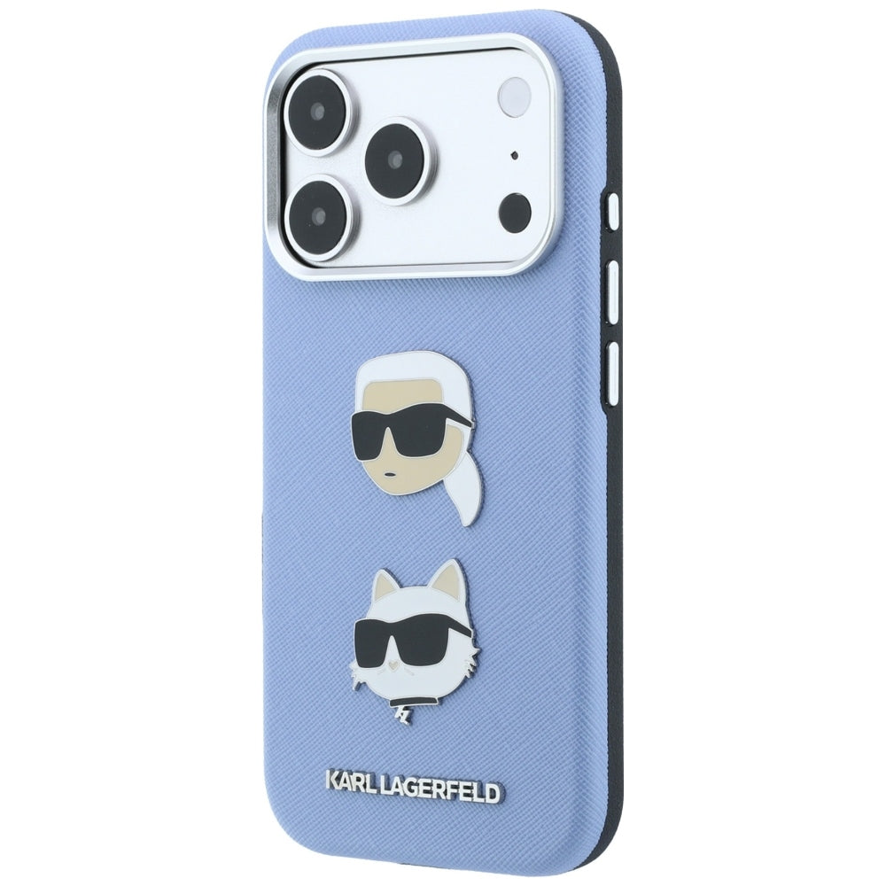 Puzdro pre Apple iPhone 18 Pro Max / 17 Pro Max, Karl Lagerfeld, Saffiano s pripínacím odznakom hlavy Karla & Choupette a logom, modré
