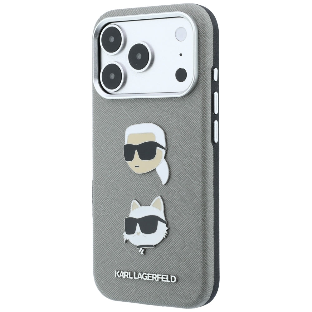 Puzdro pre Apple iPhone 18 Pro Max / 17 Pro Max, Karl Lagerfeld, Saffiano s odznakom s hlavami Karla a Choupette a logom, sivé