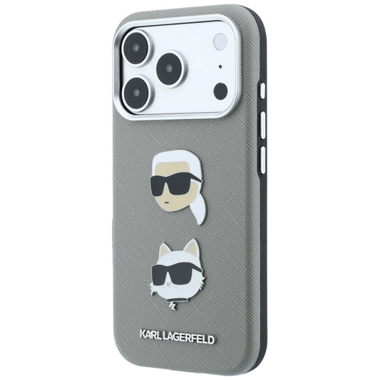 Puzdro pre Apple iPhone 18 Pro Max / 17 Pro Max, Karl Lagerfeld, Saffiano s odznakom s hlavami Karla a Choupette a logom, sivé