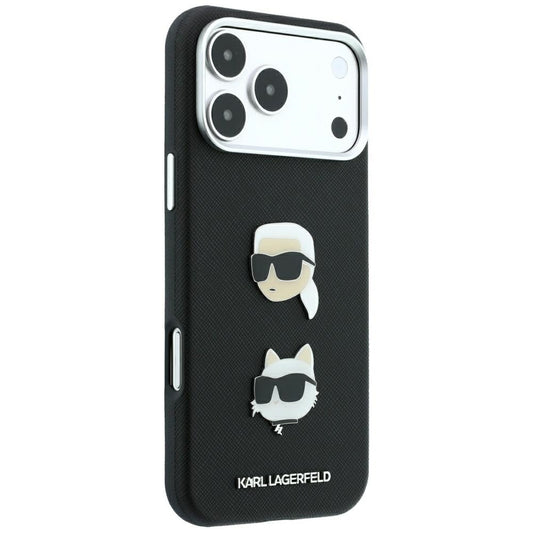 Obal na Apple iPhone 18 Pro Max / 17 Pro Max, Karl Lagerfeld, Saffiano s pripínacím odznakom hlavy Karla a Choupette a logom, čierny