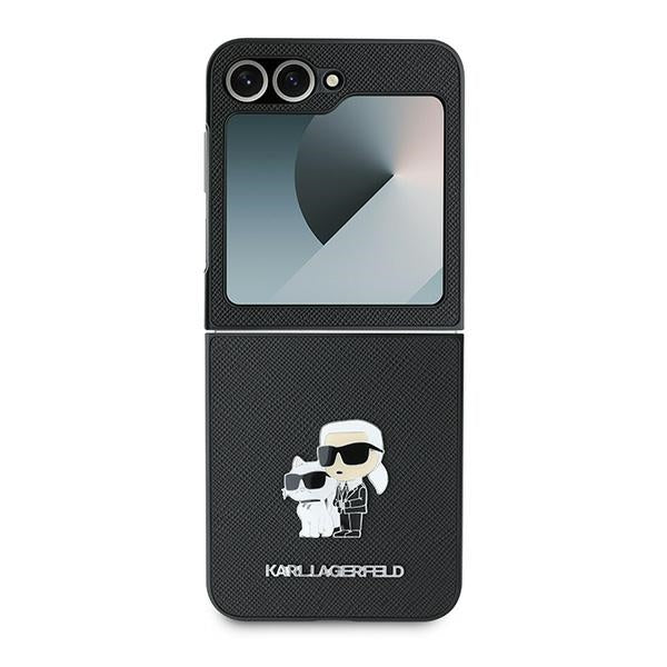 Case for Samsung Galaxy Z Flip7 FE F761 / Z Flip6 F741, Karl Lagerfeld, Saffiano Karl & Choupette Metal, Black