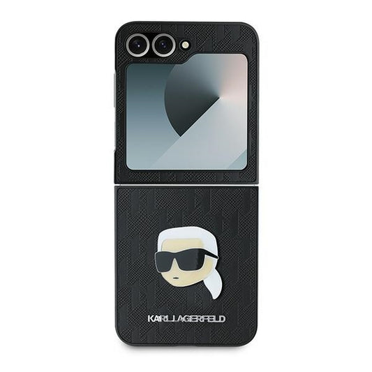 Puzdro pre Samsung Galaxy Z Flip7 FE F761 / Z Flip6 F741, Karl Lagerfeld, Saffiano Monogram Karl's Head Metal, Čierne